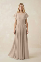 Cap Sleeve Ruffled A - Line Chiffon Bridesmaid Dress in Almond - KissProm Bridesmaid Dresses