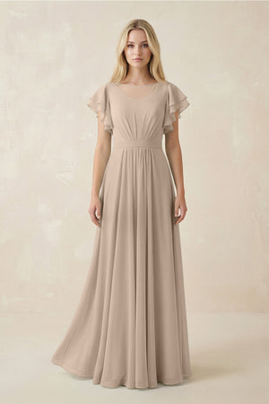 Cap Sleeve Ruffled A - Line Chiffon Bridesmaid Dress in Almond - KissProm Bridesmaid Dresses