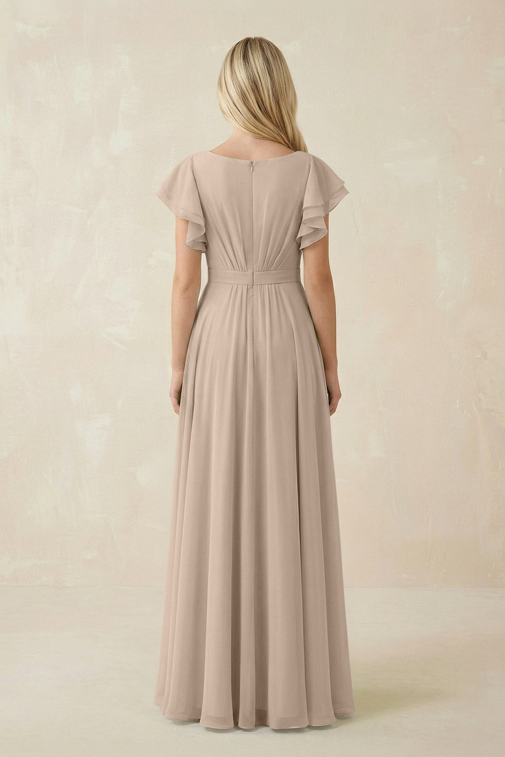 Cap Sleeve Ruffled A - Line Chiffon Bridesmaid Dress in Almond - KissProm Bridesmaid Dresses