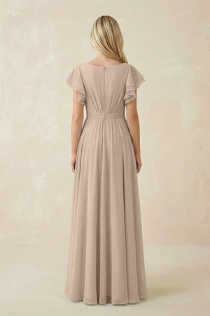 Cap Sleeve Ruffled A - Line Chiffon Bridesmaid Dress in Almond - KissProm Bridesmaid Dresses
