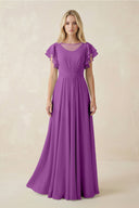 Cap Sleeve Ruffled A - Line Chiffon Bridesmaid Dress in Amethyst - KissProm Bridesmaid Dresses