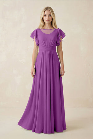 Cap Sleeve Ruffled A - Line Chiffon Bridesmaid Dress in Amethyst - KissProm Bridesmaid Dresses