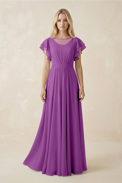 Cap Sleeve Ruffled A - Line Chiffon Bridesmaid Dress in Amethyst - KissProm Bridesmaid Dresses