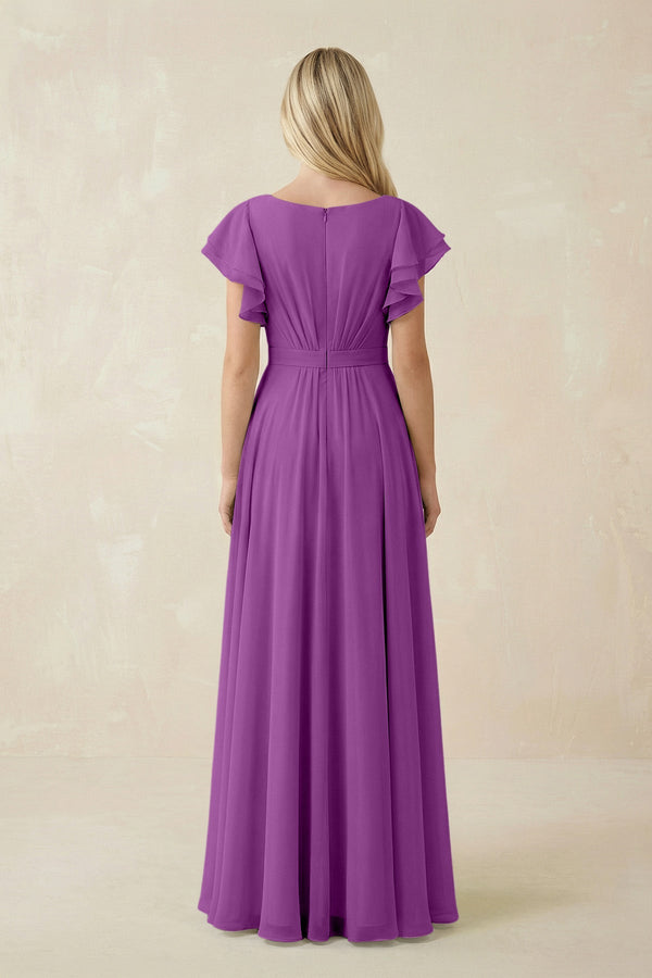 Cap Sleeve Ruffled A - Line Chiffon Bridesmaid Dress in Amethyst - KissProm Bridesmaid Dresses