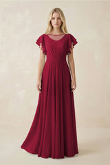 Cap Sleeve Ruffled A - Line Chiffon Bridesmaid Dress in Berry - KissProm Bridesmaid Dresses