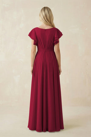 Cap Sleeve Ruffled A - Line Chiffon Bridesmaid Dress in Berry - KissProm Bridesmaid Dresses