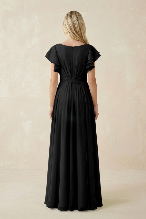 KissProm Cap Sleeve Ruffled A-Line Chiffon Bridesmaid Dress in Black, Black / 10