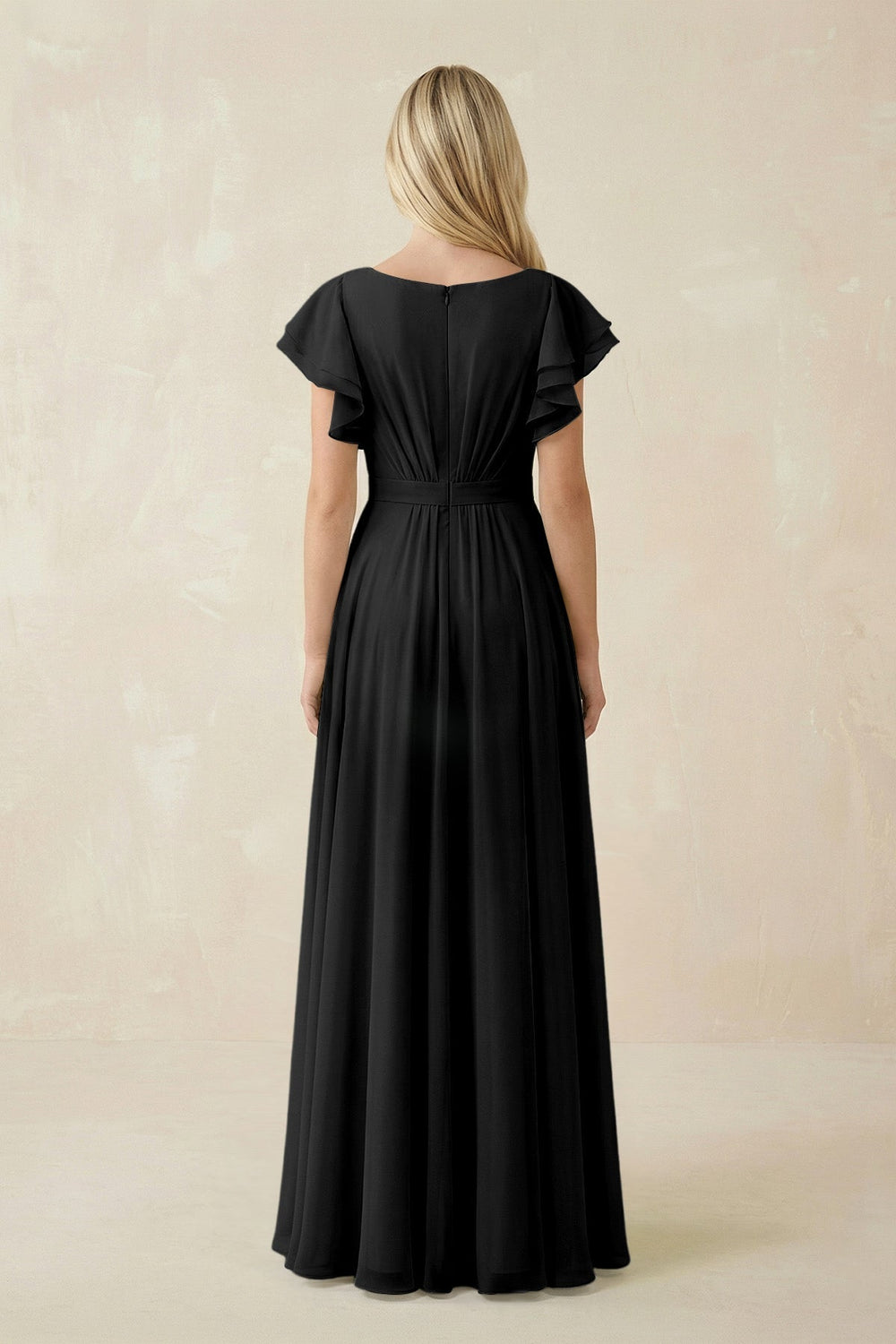 Cap Sleeve Ruffled A - Line Chiffon Bridesmaid Dress in Black - KissProm Bridesmaid Dresses