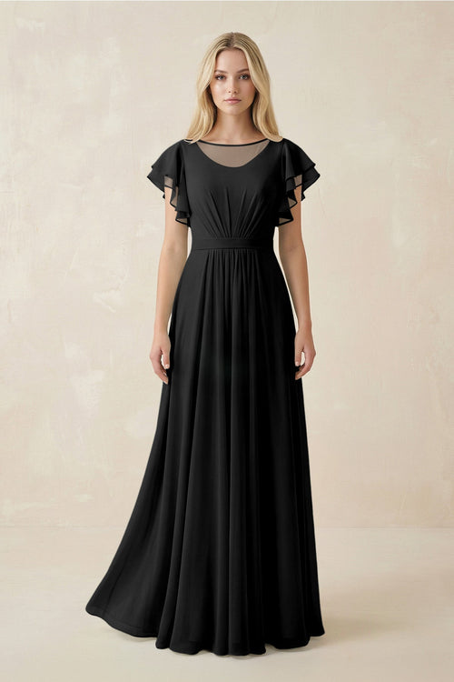 KissProm Cap Sleeve Ruffled A-Line Chiffon Bridesmaid Dress in Black, Black / 10