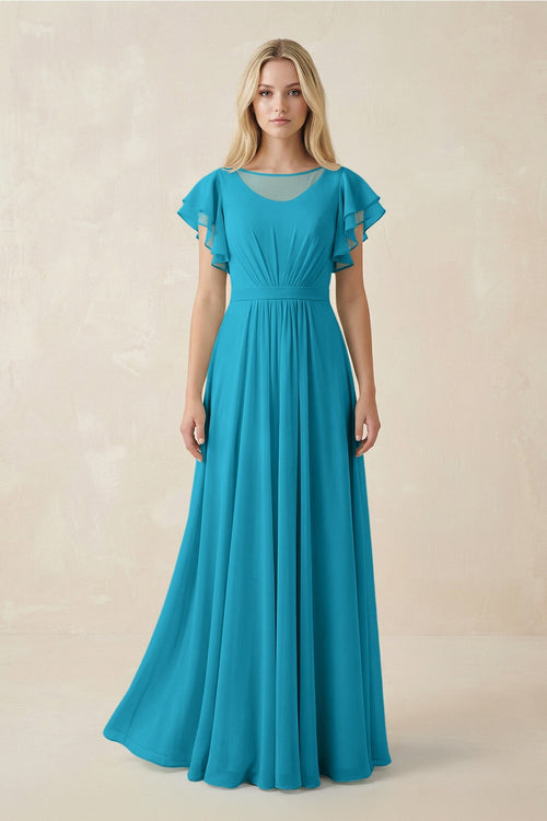 Cap Sleeve Ruffled A - Line Chiffon Bridesmaid Dress in Blue Jay - KissProm Bridesmaid Dresses