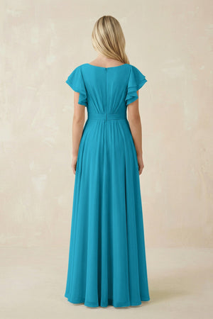 Cap Sleeve Ruffled A - Line Chiffon Bridesmaid Dress in Blue Jay - KissProm Bridesmaid Dresses