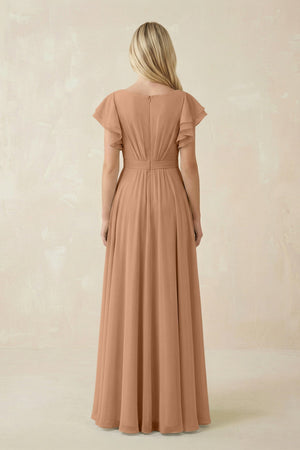 Cap Sleeve Ruffled A - Line Chiffon Bridesmaid Dress in Bronzer - KissProm Bridesmaid Dresses