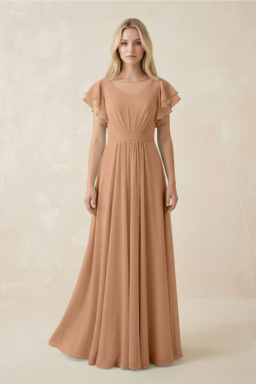 Cap Sleeve Ruffled A - Line Chiffon Bridesmaid Dress in Bronzer - KissProm Bridesmaid Dresses