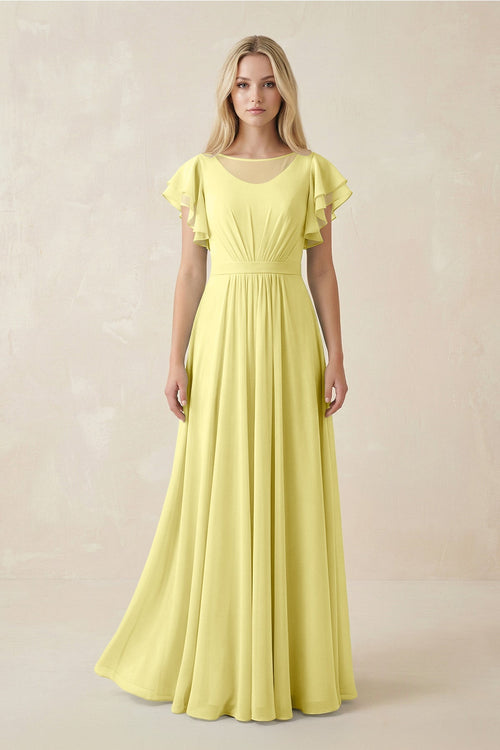 KissProm Cap Sleeve Ruffled A-Line Chiffon Bridesmaid Dress in Buttercup, Buttercup / 28
