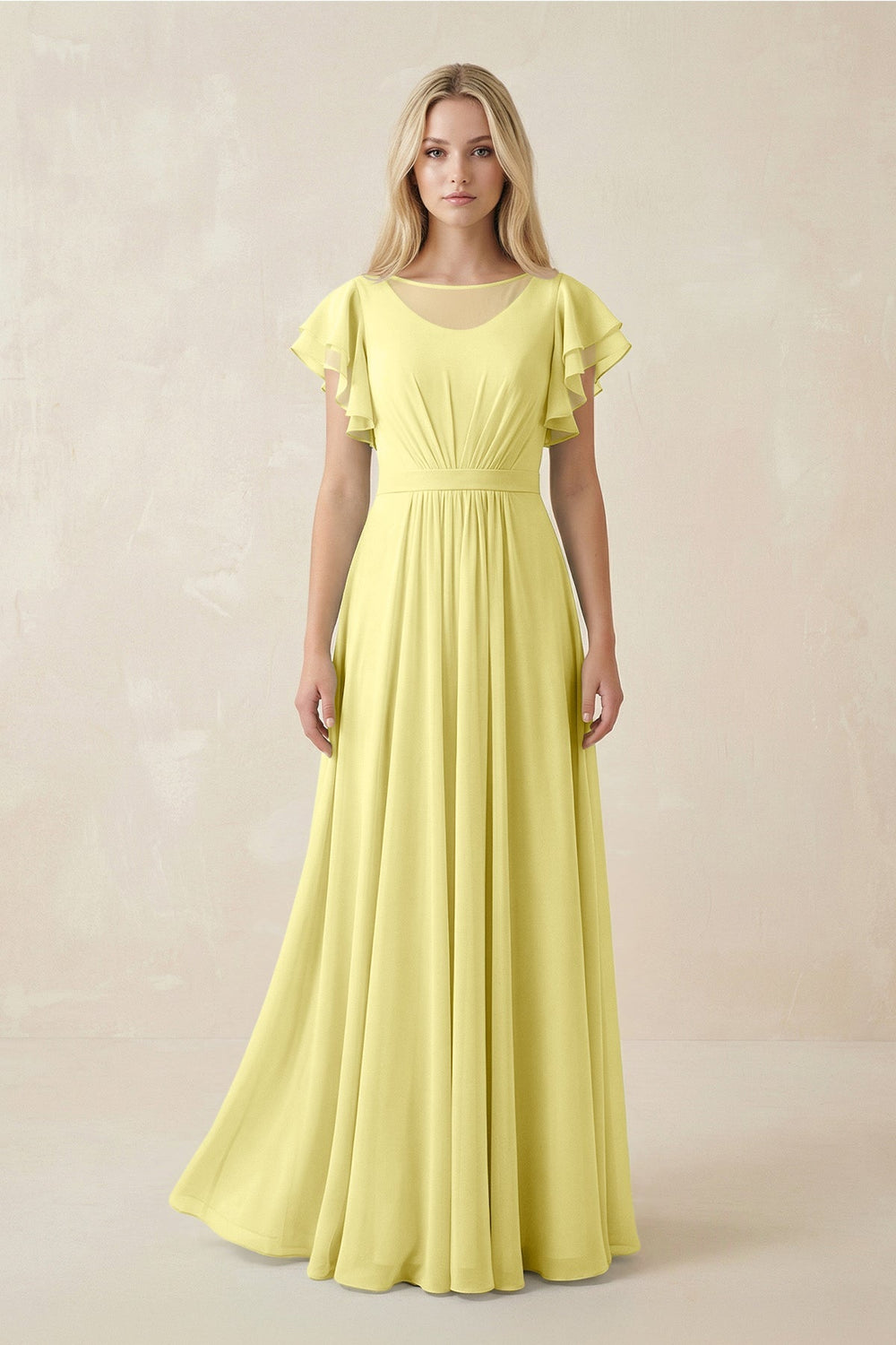 Cap Sleeve Ruffled A - Line Chiffon Bridesmaid Dress in Buttercup - KissProm Bridesmaid Dresses