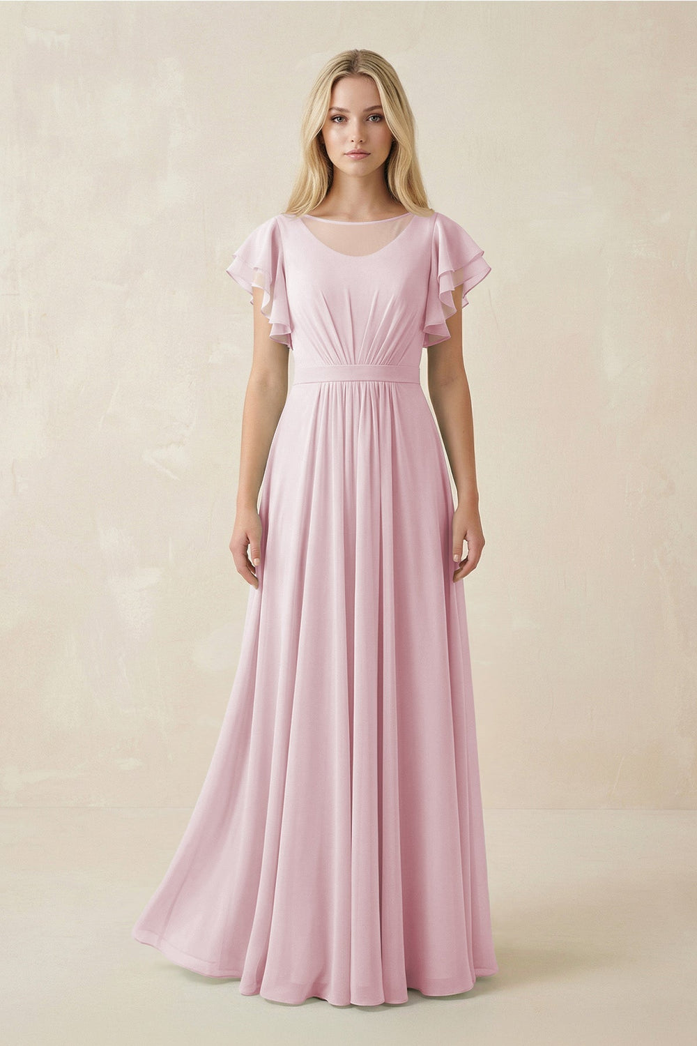 Cap Sleeve Ruffled A - Line Chiffon Bridesmaid Dress in Candy Pink - KissProm Bridesmaid Dresses