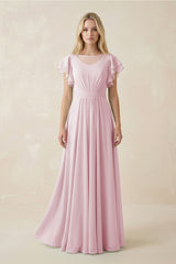 Cap Sleeve Ruffled A - Line Chiffon Bridesmaid Dress in Candy Pink - KissProm Bridesmaid Dresses