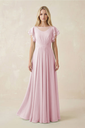 Cap Sleeve Ruffled A - Line Chiffon Bridesmaid Dress in Candy Pink - KissProm Bridesmaid Dresses