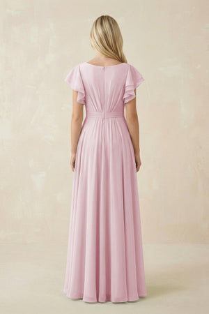 Cap Sleeve Ruffled A - Line Chiffon Bridesmaid Dress in Candy Pink - KissProm Bridesmaid Dresses