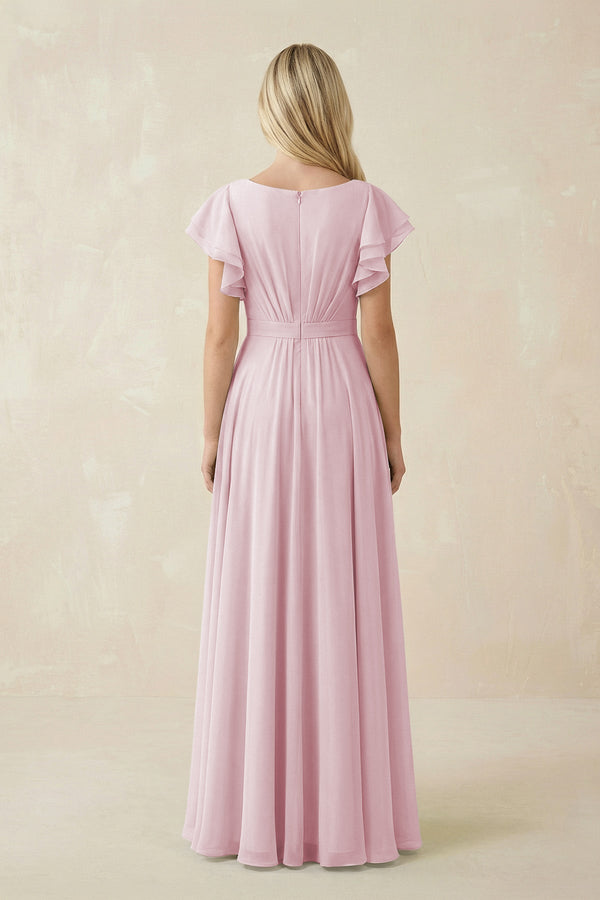 Cap Sleeve Ruffled A - Line Chiffon Bridesmaid Dress in Candy Pink - KissProm Bridesmaid Dresses