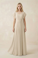 Cap Sleeve Ruffled A - Line Chiffon Bridesmaid Dress in Champagne - KissProm Bridesmaid Dresses