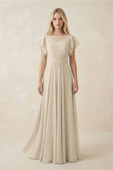 Cap Sleeve Ruffled A - Line Chiffon Bridesmaid Dress in Champagne - KissProm Bridesmaid Dresses