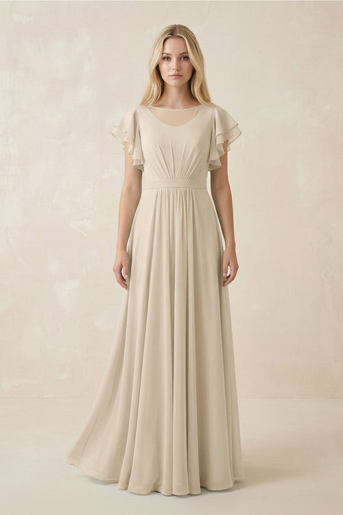Cap Sleeve Ruffled A - Line Chiffon Bridesmaid Dress in Champagne - KissProm Bridesmaid Dresses