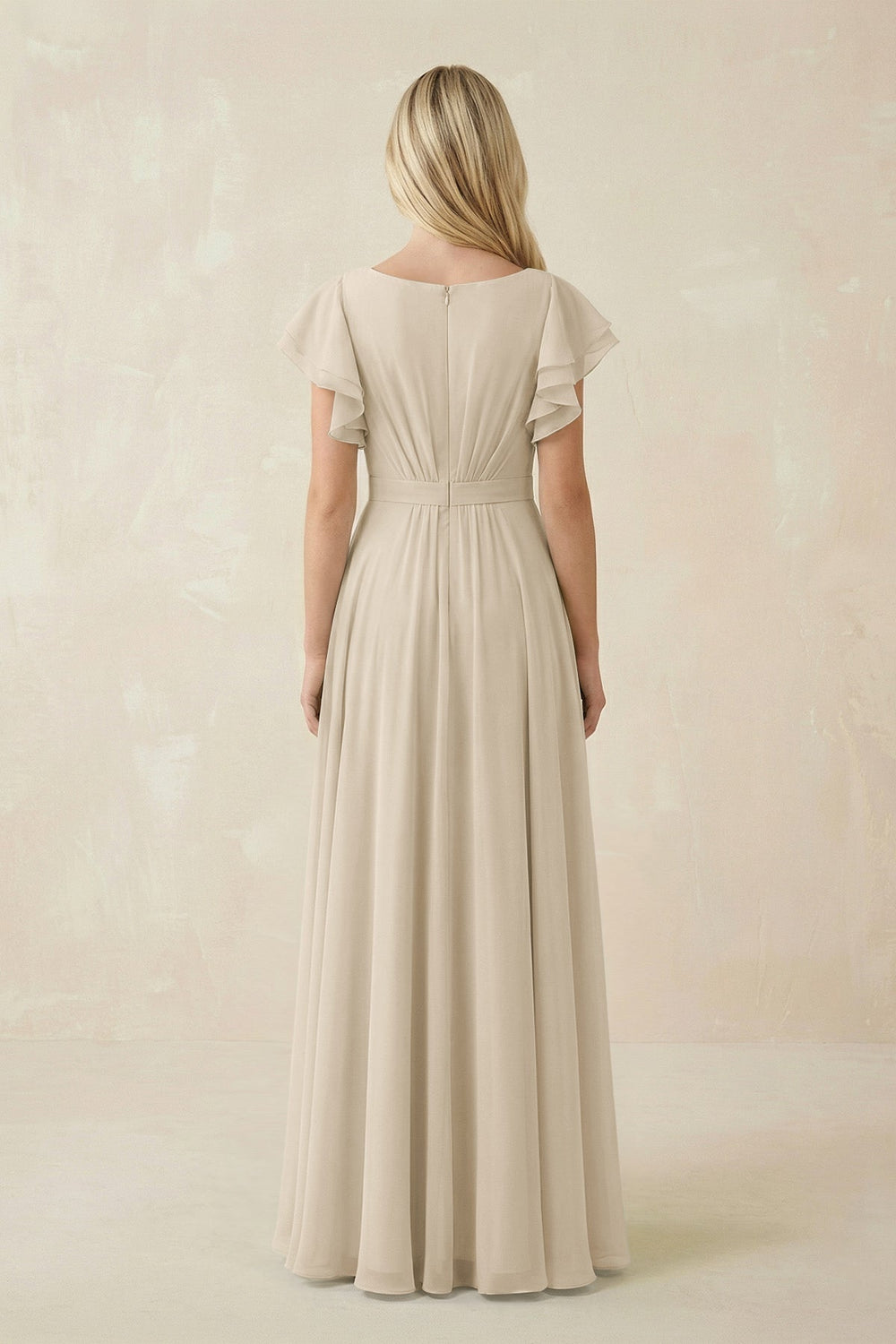 Cap Sleeve Ruffled A - Line Chiffon Bridesmaid Dress in Champagne - KissProm Bridesmaid Dresses
