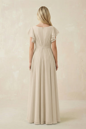 Cap Sleeve Ruffled A - Line Chiffon Bridesmaid Dress in Champagne - KissProm Bridesmaid Dresses