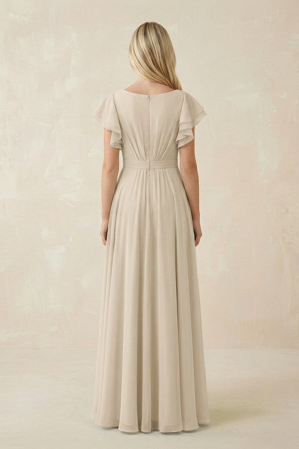 Cap Sleeve Ruffled A - Line Chiffon Bridesmaid Dress in Champagne - KissProm Bridesmaid Dresses