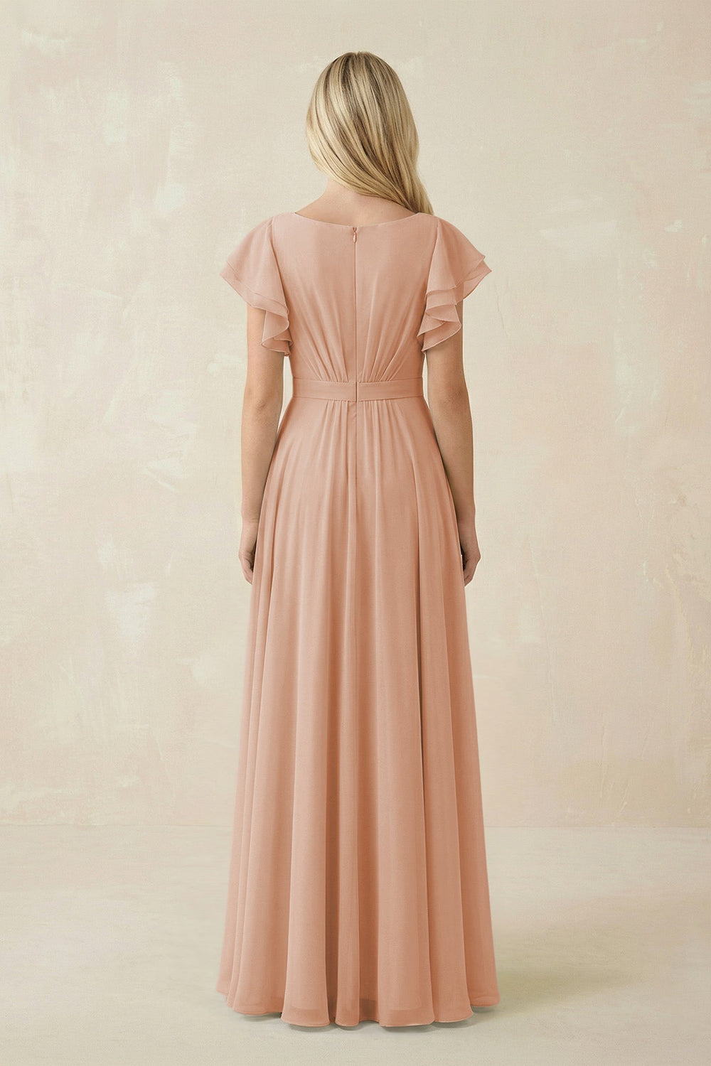 Cap Sleeve Ruffled A - Line Chiffon Bridesmaid Dress in Champagne Rose - KissProm Bridesmaid Dresses