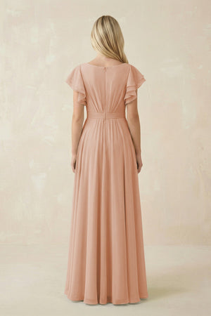 Cap Sleeve Ruffled A - Line Chiffon Bridesmaid Dress in Champagne Rose - KissProm Bridesmaid Dresses