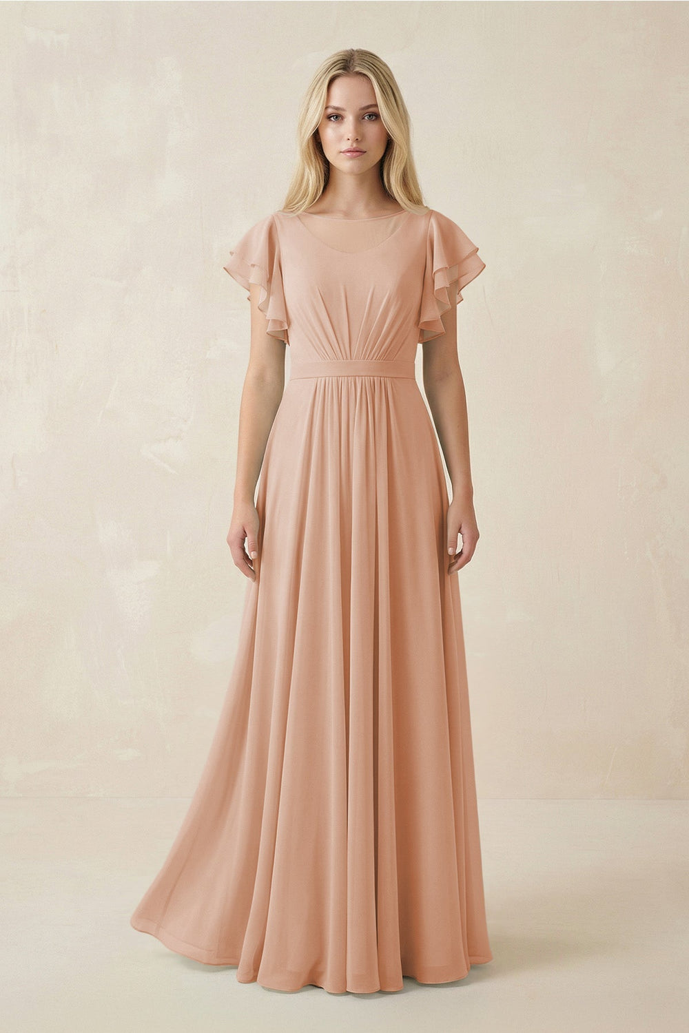 Cap Sleeve Ruffled A - Line Chiffon Bridesmaid Dress in Champagne Rose - KissProm Bridesmaid Dresses