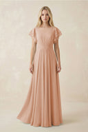 Cap Sleeve Ruffled A - Line Chiffon Bridesmaid Dress in Champagne Rose - KissProm Bridesmaid Dresses