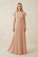Cap Sleeve Ruffled A - Line Chiffon Bridesmaid Dress in Champagne Rose - KissProm Bridesmaid Dresses