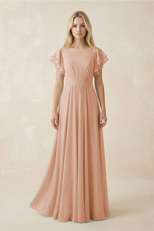 Cap Sleeve Ruffled A - Line Chiffon Bridesmaid Dress in Champagne Rose - KissProm Bridesmaid Dresses