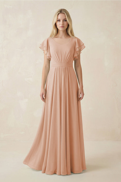 Cap Sleeve Ruffled A - Line Chiffon Bridesmaid Dress in Champagne Rose - KissProm Bridesmaid Dresses