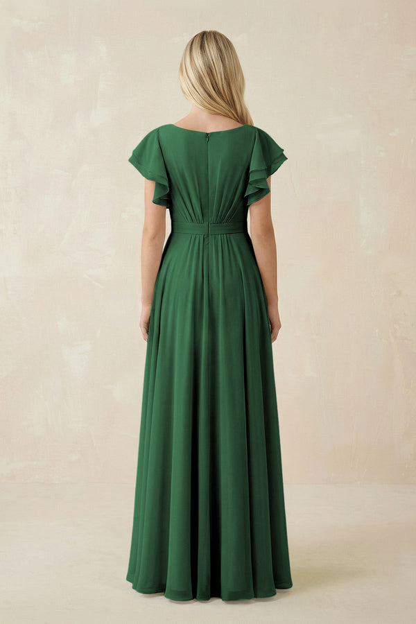 KissProm Cap Sleeve Ruffled A-Line Chiffon Bridesmaid Dress in Dark Green, Dark Green / 20
