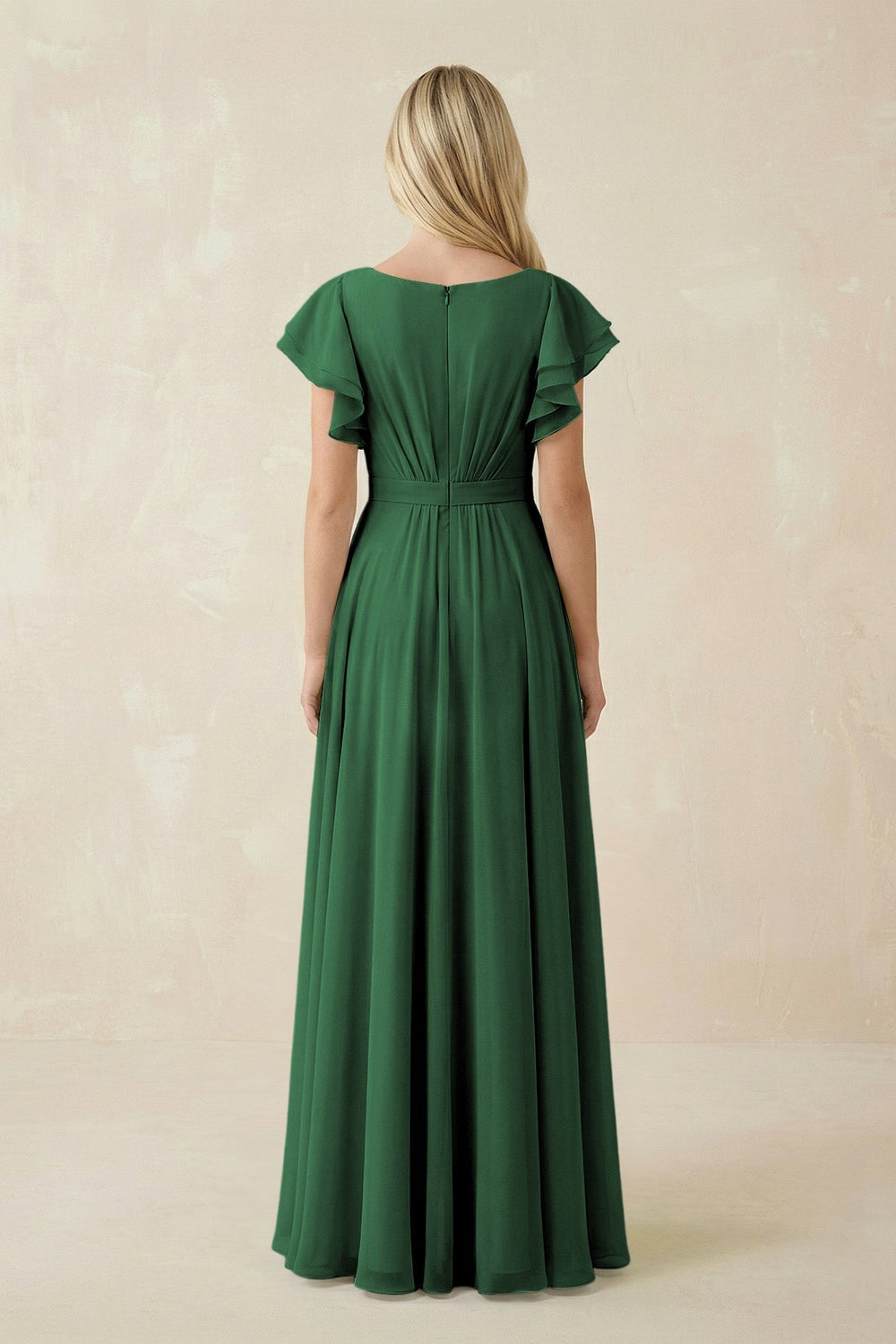Cap Sleeve Ruffled A - Line Chiffon Bridesmaid Dress in Dark Green - KissProm Bridesmaid Dresses