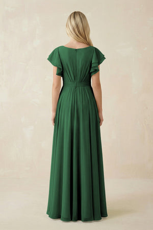 Cap Sleeve Ruffled A - Line Chiffon Bridesmaid Dress in Dark Green - KissProm Bridesmaid Dresses