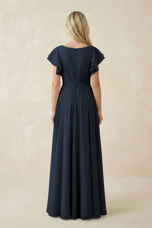 Cap Sleeve Ruffled A - Line Chiffon Bridesmaid Dress in Dark Navy - KissProm Bridesmaid Dresses