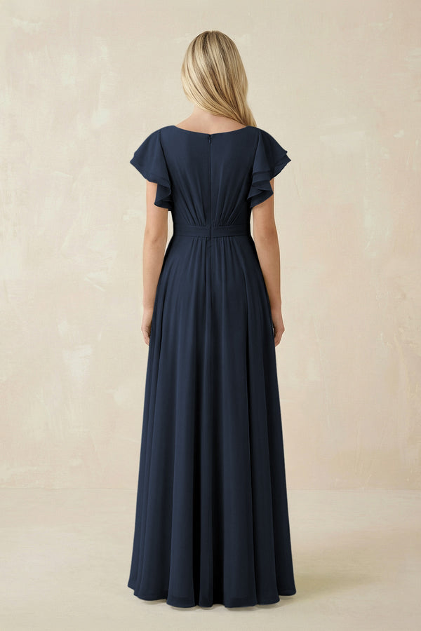 Cap Sleeve Ruffled A - Line Chiffon Bridesmaid Dress in Dark Navy - KissProm Bridesmaid Dresses