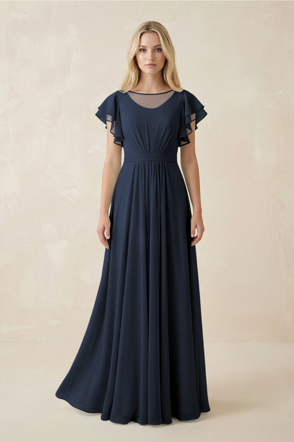 Cap Sleeve Ruffled A - Line Chiffon Bridesmaid Dress in Dark Navy - KissProm Bridesmaid Dresses