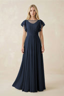 Cap Sleeve Ruffled A - Line Chiffon Bridesmaid Dress in Dark Navy - KissProm Bridesmaid Dresses