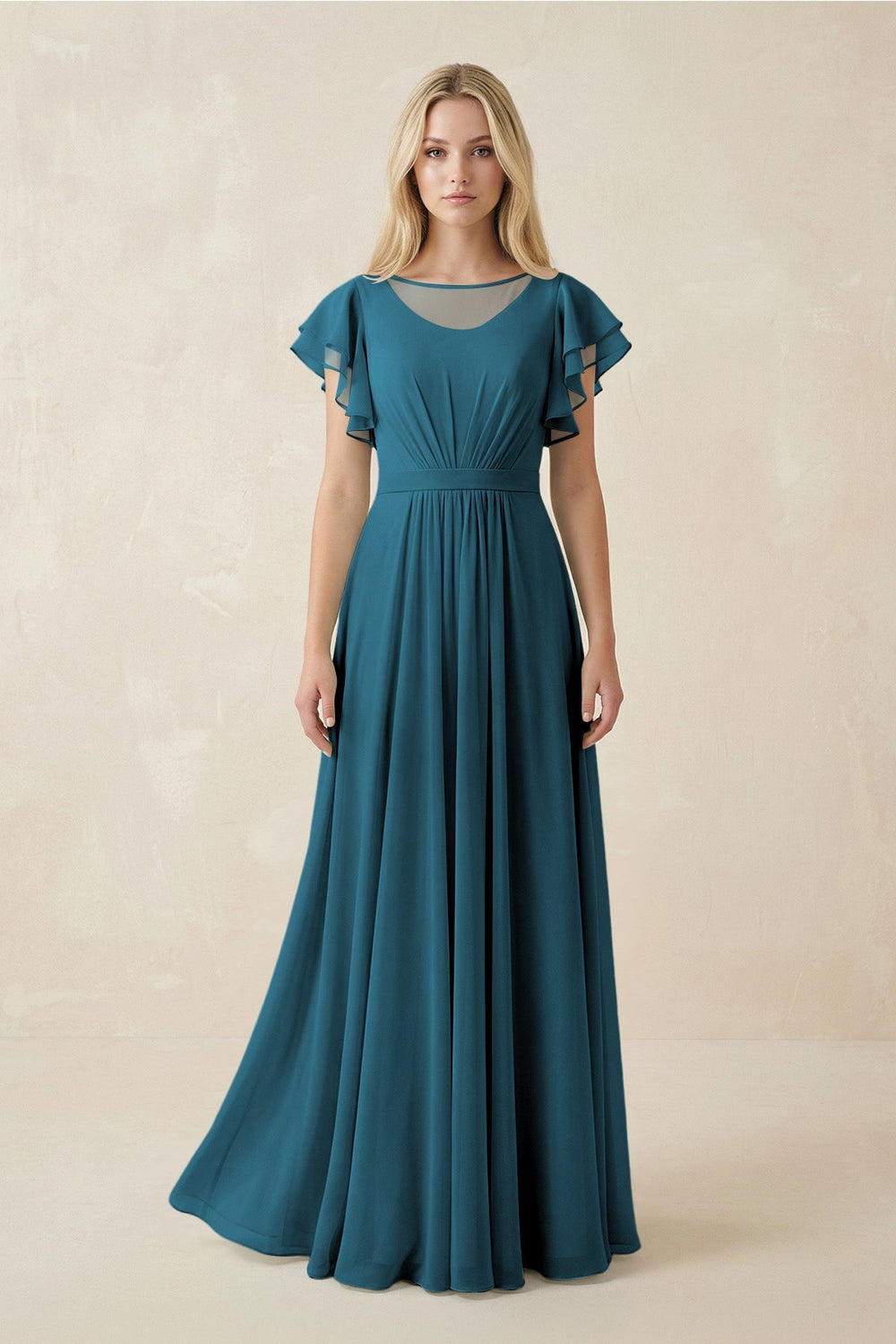 Cap Sleeve Ruffled A - Line Chiffon Bridesmaid Dress in Dark Teal - KissProm Bridesmaid Dresses