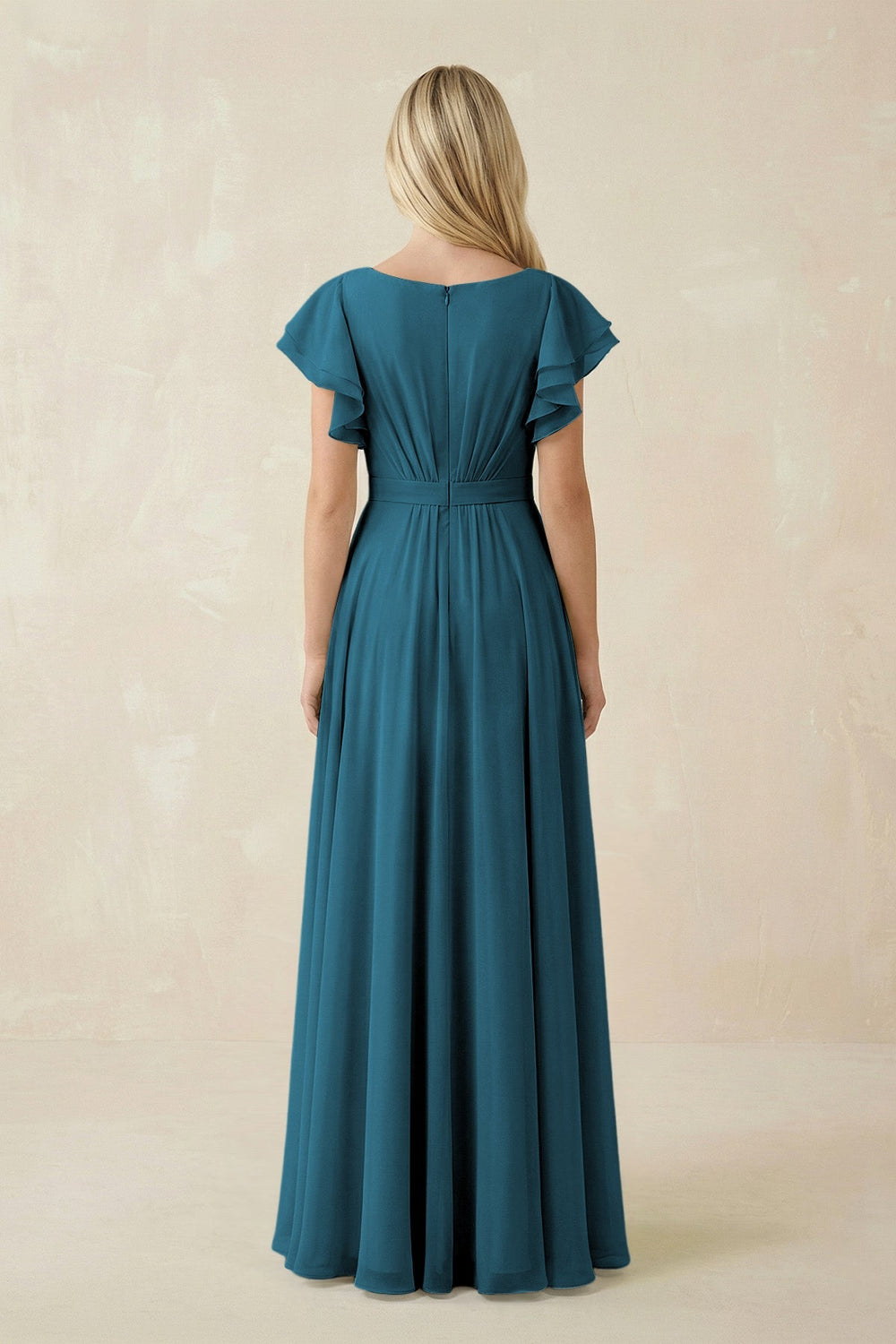 Cap Sleeve Ruffled A - Line Chiffon Bridesmaid Dress in Dark Teal - KissProm Bridesmaid Dresses
