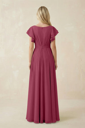 Cap Sleeve Ruffled A - Line Chiffon Bridesmaid Dress in Desert Rose - KissProm Bridesmaid Dresses