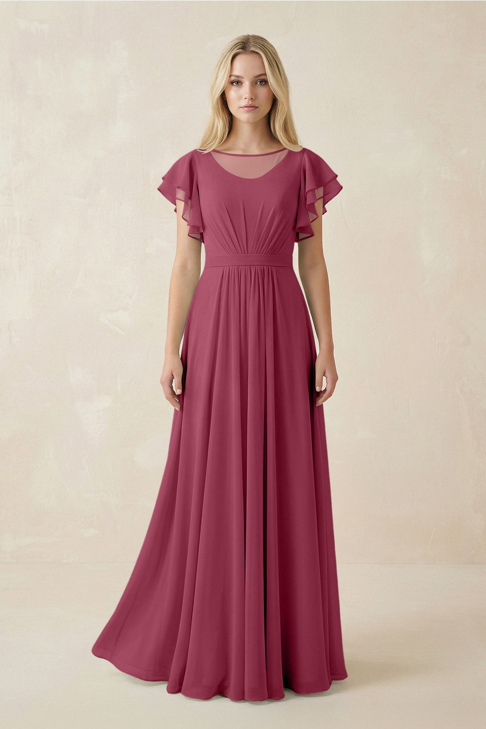 Cap Sleeve Ruffled A - Line Chiffon Bridesmaid Dress in Desert Rose - KissProm Bridesmaid Dresses