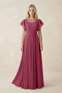 Cap Sleeve Ruffled A - Line Chiffon Bridesmaid Dress in Desert Rose - KissProm Bridesmaid Dresses