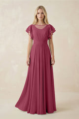 Cap Sleeve Ruffled A - Line Chiffon Bridesmaid Dress in Desert Rose - KissProm Bridesmaid Dresses